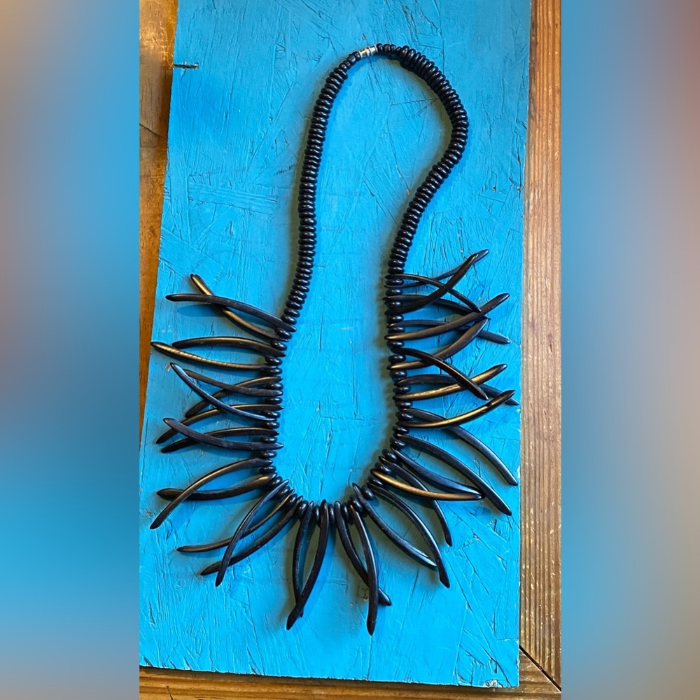Statement necklace black w barrel clasp spiky ethnic shell looking 22”